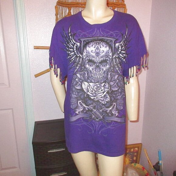 Winged Cyber Skull T-Shirt Size XL Beaded Fringe Short Sleeves Goth Chaos Wicked - Picture 1 of 7